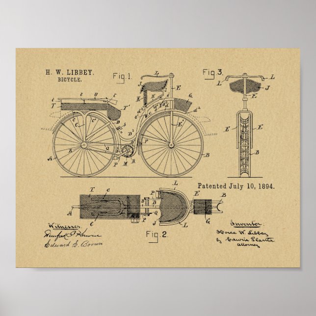 1894 Military Bicycle Patent Art Drawing Print (Front)