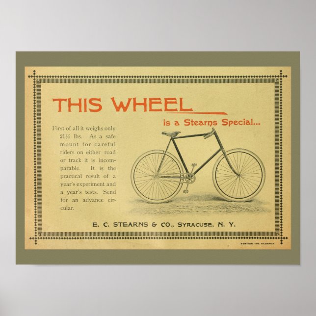 1894 Stearns Vintage Bicycle Ad Art Poster (Front)