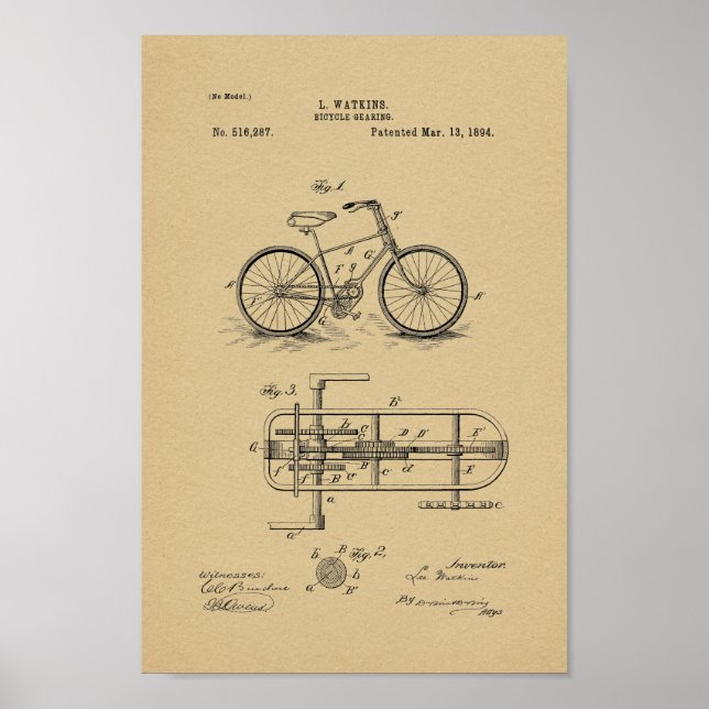 1894 Vintage Bicycle Gearing Patent Art Print (Front)