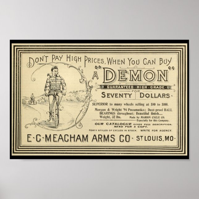 1894 Vintage Demon Bicycle Ad Art Print (Front)
