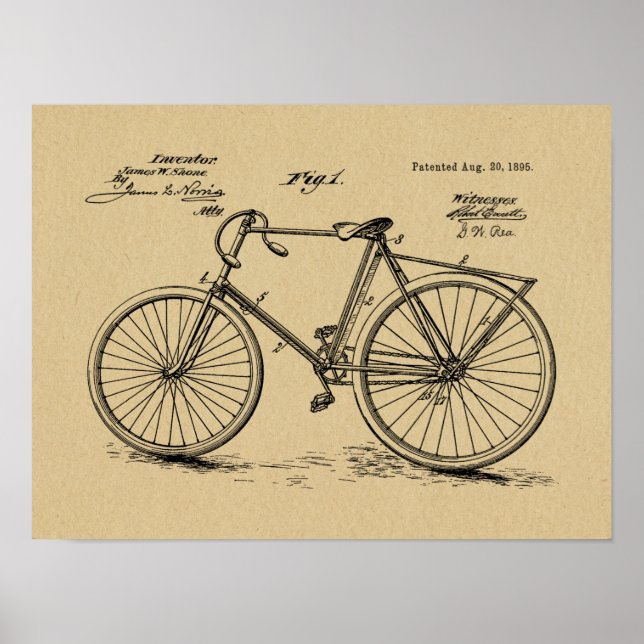 1895 Vintage Bicycle Design Patent Art Print (Front)