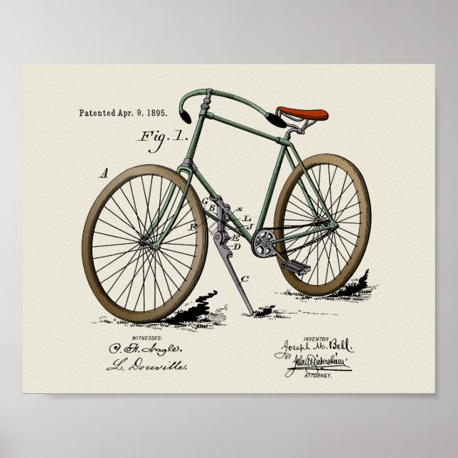 1895 Vintage Bicycle Patent Colour Art Print (Front)