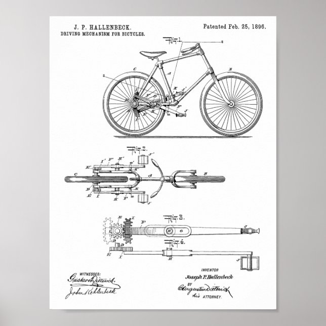 1896 Chainless Bicycle Design Patent Art Print (Front)