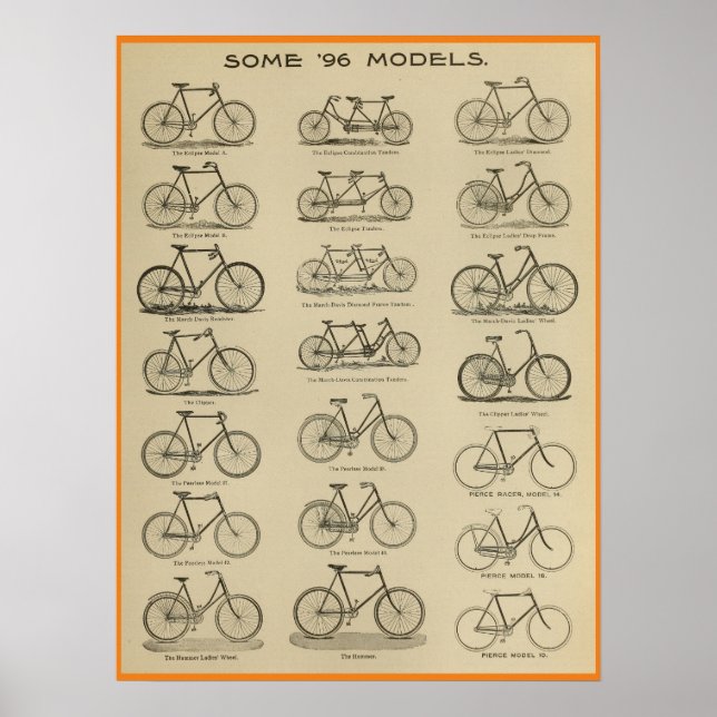 1896 Vintage Bicycle Models Ad Art Poster (Front)