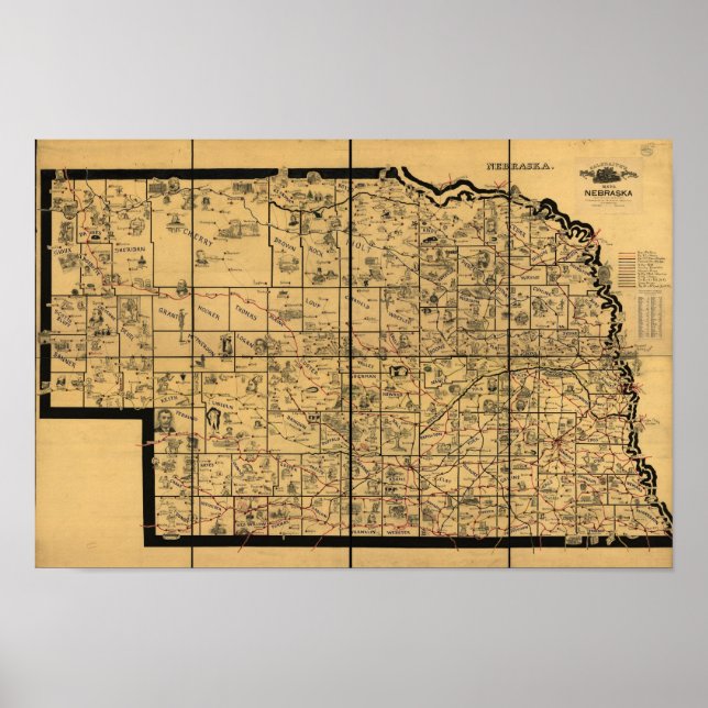 1897 Antique Railroad Map of Nebraska Poster (Front)