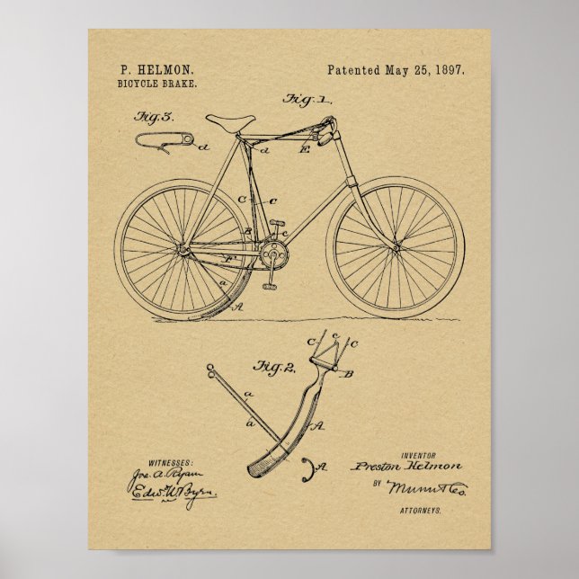 1897 Bicycle Brake Patent Art Drawing Print (Front)