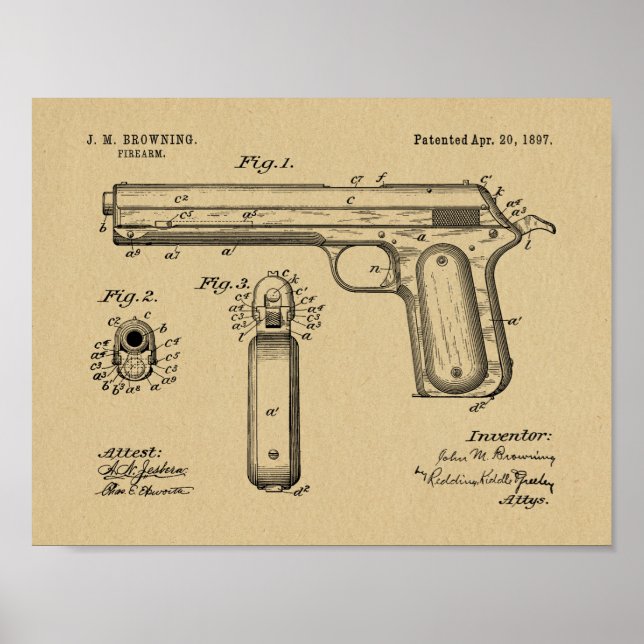 1897 Browning Gun Patent Art Drawing Print (Front)