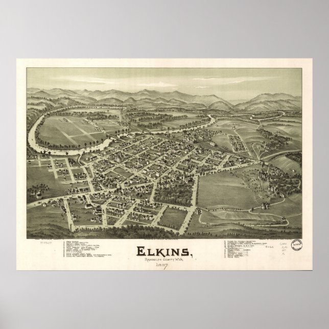 1897 Elkins, WV Bird's Eye Panoramic Map Poster (Front)