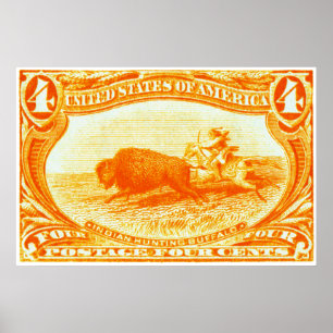 1898 Indian Hunting Buffalo Stamp Poster