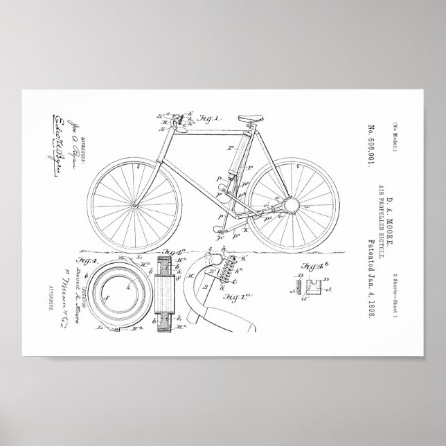 1898 Vintage Air Bicycle Patent Art Print (Front)
