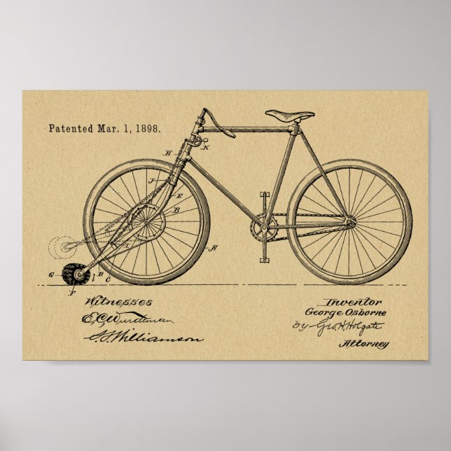 1898 Vintage Bicycle Design Patent Art Print (Front)