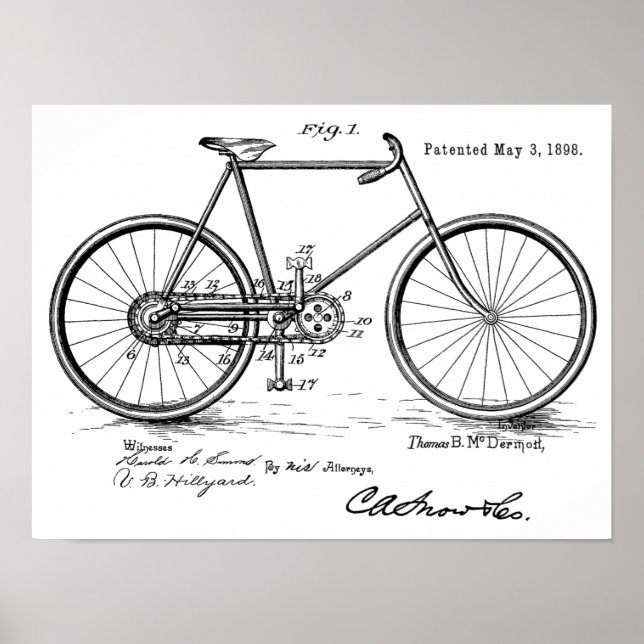 1898 Vintage Bicycle Patent Art Print Customise (Front)
