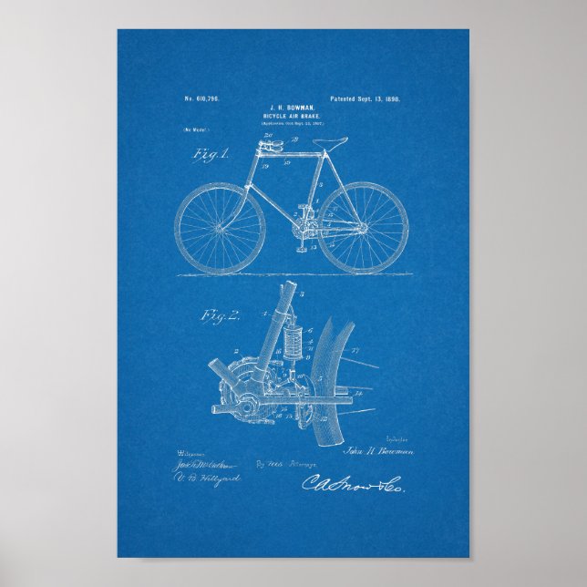 1898 Vintage Bicycle Patent Print Blueprint Art (Front)