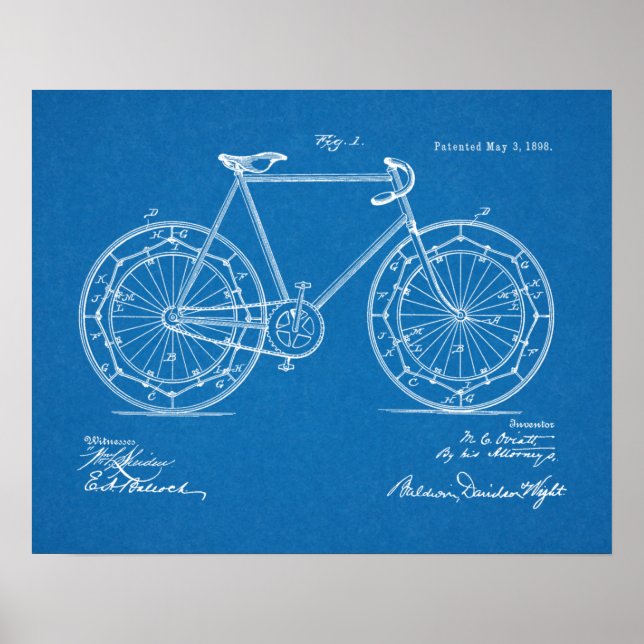 1898 Vintage Bicycle Wheel Patent Blueprint Art Poster (Front)