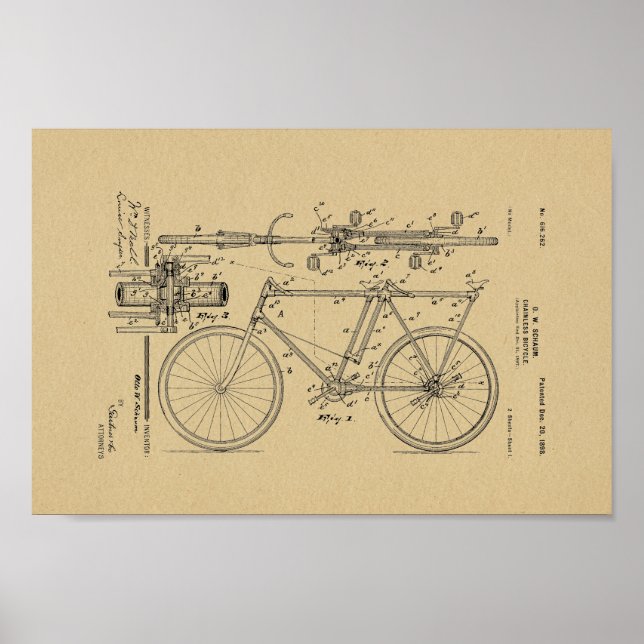 1898 Vintage Chainless Bicycle Patent Art Print (Front)