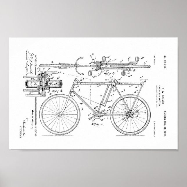 1898 Vintage Chainless Bicycle Patent Art Print (Front)