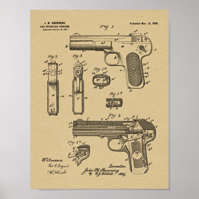 1899 Browning Gun Patent Art Drawing Print (Front)