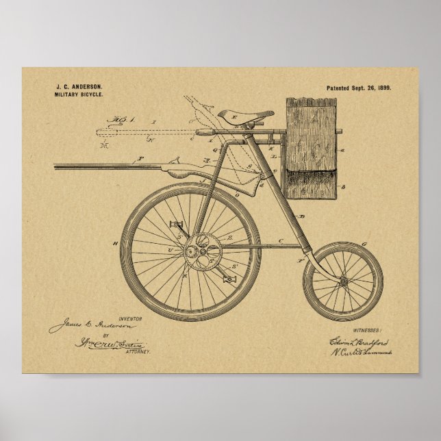 1899 Military Bicycle Patent Art Drawing Print (Front)