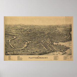 1899 Plattsburgh, NY Birds Eye View Panoramic Map Poster
