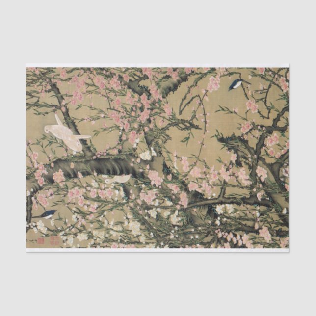 18.桃花小禽図, 若冲 Peach Blossoms & Small Birds, Jakuchū Tissue Paper (Front)