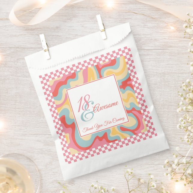 18 and Awesome Pink Groovy Check Birthday  Favour Bags (Clipped)