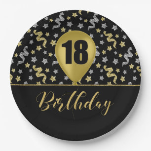 18 Gold Birthday Ballon on Black Gold Confetti Paper Plate