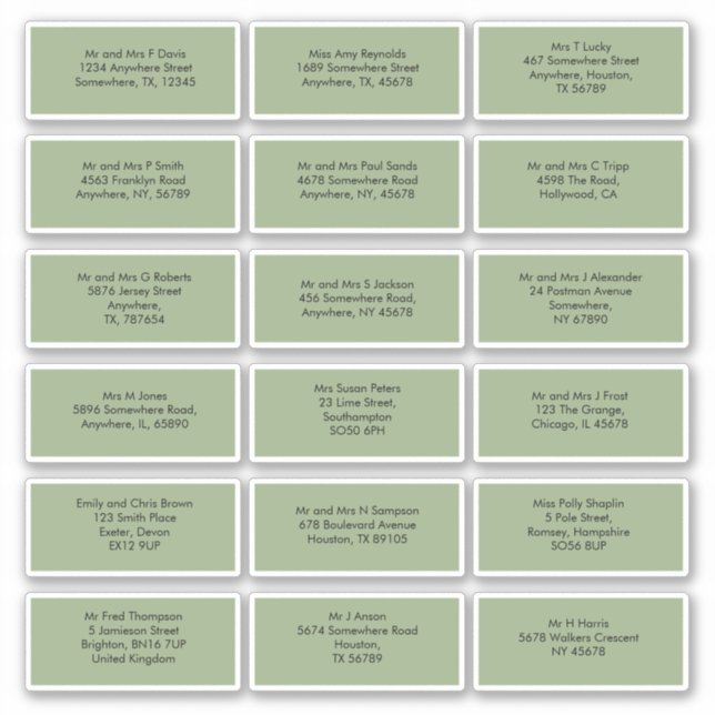 18 Individual Guest Names Addresses Sage Green (Front)