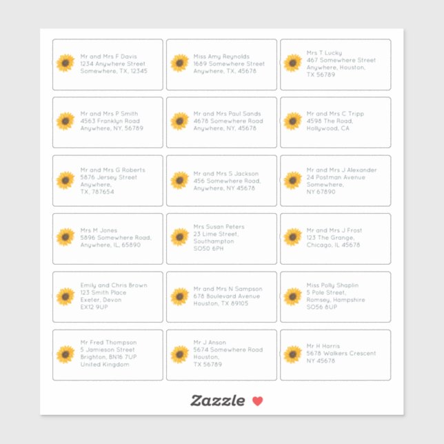 18 Individual Name Address Wedding Guest Sunflower (Sheet)