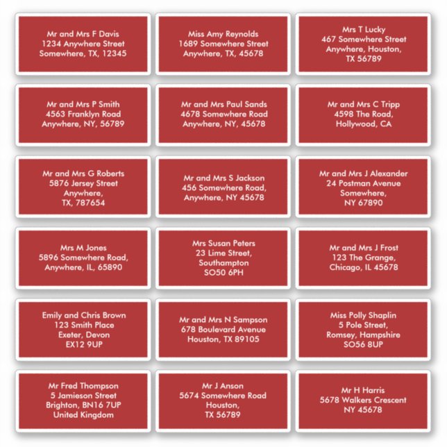 18 Individual Recipient Names Addresses Red (Front)
