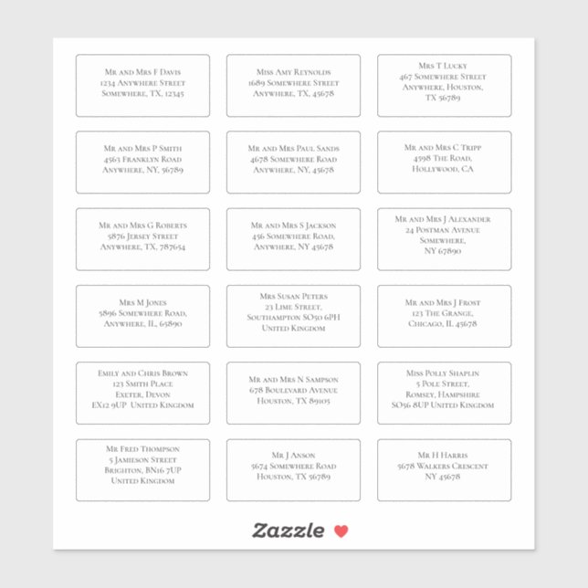 18 Individual Wedding Guest Name Address Serif (Sheet)