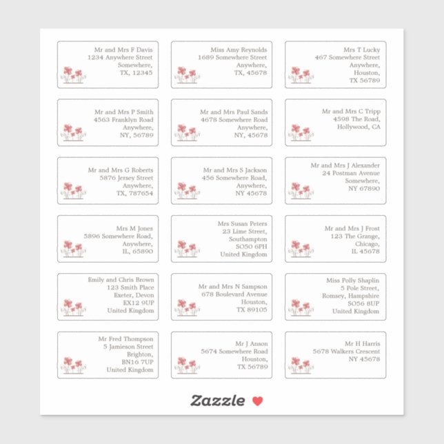 18 Individual Wedding Guest Name Addresses Florals (Sheet)