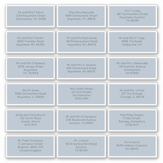 18 Individual Wedding Guest Names Addresses Blue (Front)