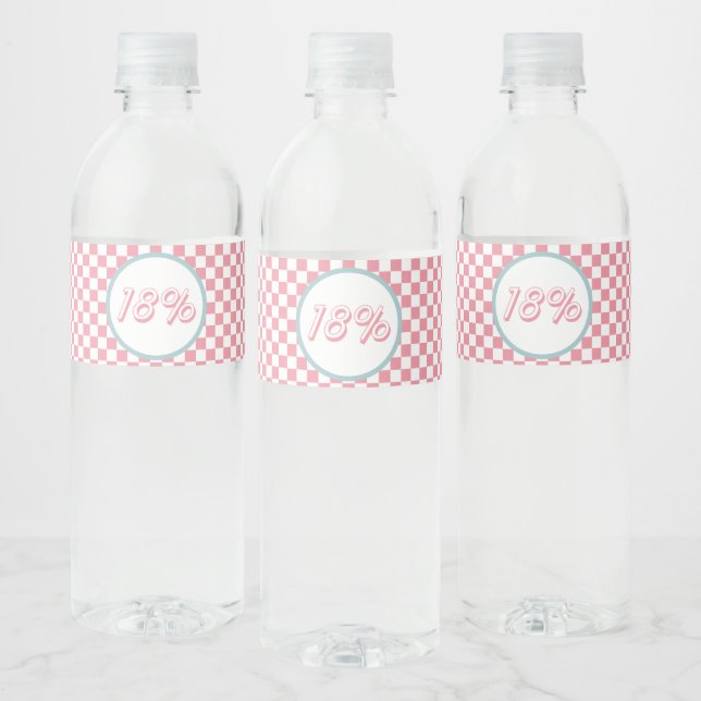 18 Percent Groovy Pink Check 18th birthday Water Bottle Label (Bottles)