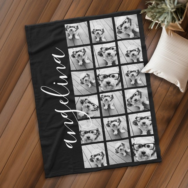 18 Photo Collage - CAN EDIT background colour Fleece Blanket (Personalized fleece blanket with photos and text)