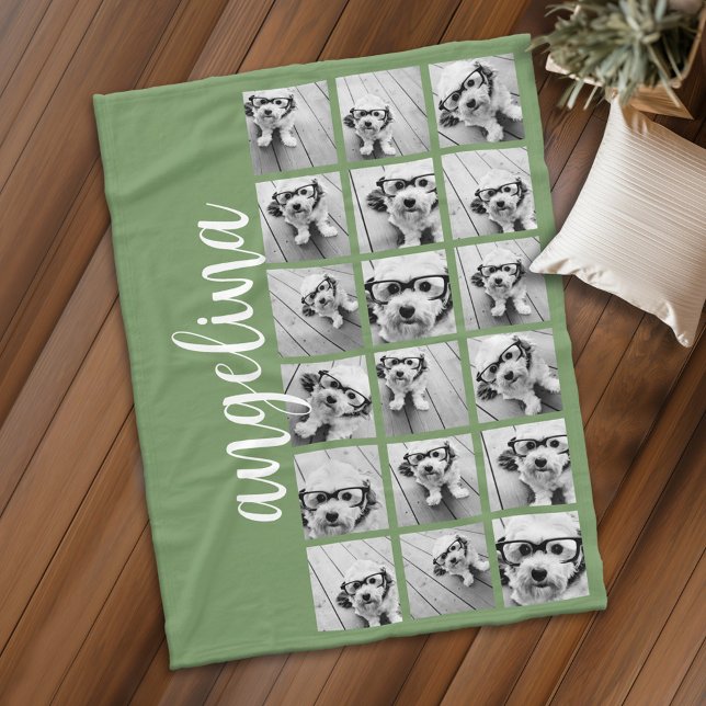 18 Photo Collage - CAN EDIT background colour Fleece Blanket (Personalized fleece blanket with photos and text)