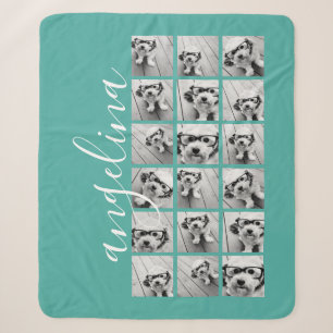 18 Photo Collage - CAN EDIT teal white script Sherpa Blanket