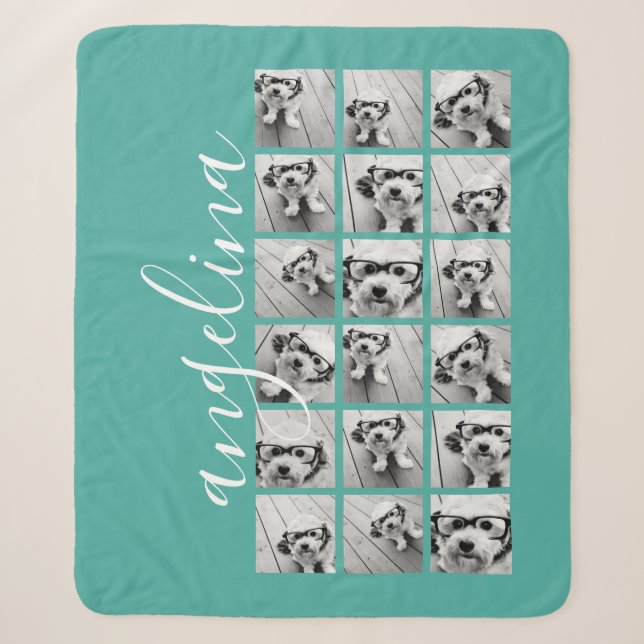 18 Photo Collage - CAN EDIT teal white script Sherpa Blanket (Front)