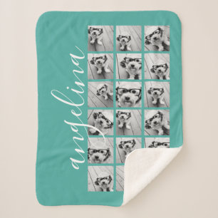 18 Photo Collage - CAN EDIT teal white script Sherpa Blanket