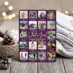 18 Photo Collage & Captions Purple What a Year! Foil Holiday Card