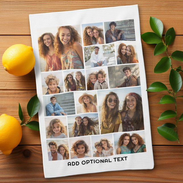 18 Photo Collage - Custom Text - Black and White Tea Towel (Custom Kitchen Towel with Photo Collage)