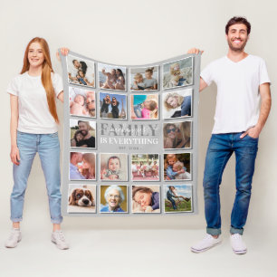 18 Photo Collage Family Name Grey Fleece Blanket