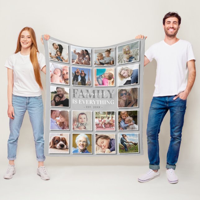 18 Photo Collage Family Name Grey Fleece Blanket (In Situ)