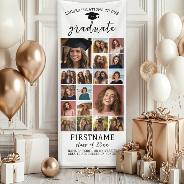 18 Photo Collage Graduation Modern Minimal White Banner (Custom Graduation Photo Banner - Great backdrop and Graduation Party Decoration)