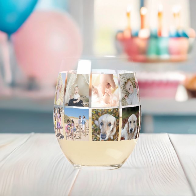 18 Photo Collage Personalised Stemless Wine Glass (Insitu (Baby Shower))