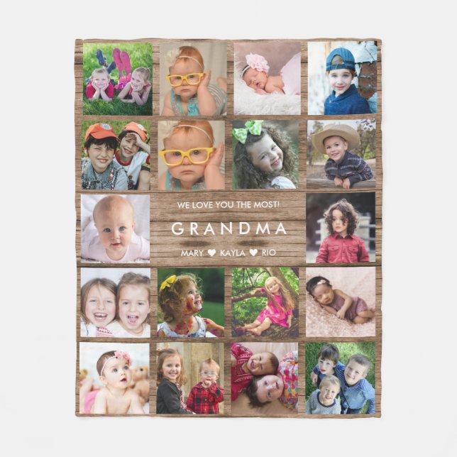18 Photo Collage Rustic Wood Love You Grandma Fleece Blanket (Front)