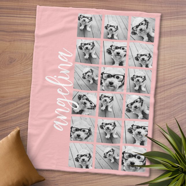 18 Photo Collage Script Text Pastel Peach Fleece Blanket (Personalized Fleece Blanket - Add Photos and Text or Customize completely in advanced design area)