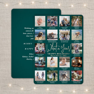 18 Photo Collage Teal What a Year! Modern Script Foil Holiday Card