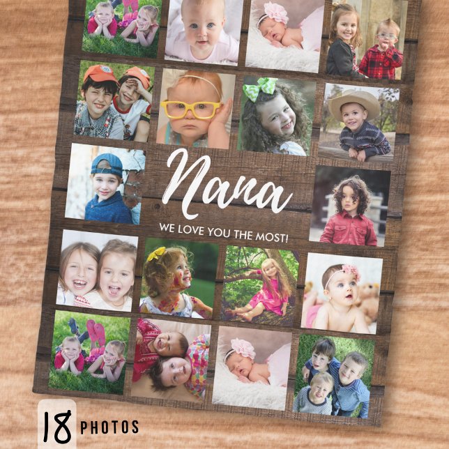 18 Photo Collage We Love You Nana Dark Wood Fleece Blanket (Creator Uploaded)