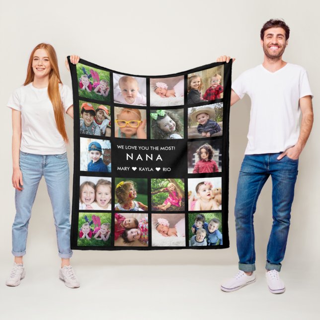 18 Photo Collage We Love You Nana Grandkids Black  Fleece Blanket (In Situ)