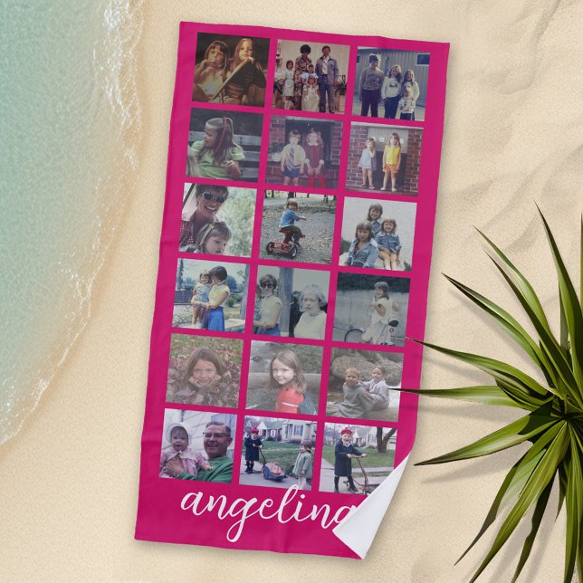 18 Photo Collage with Large Script and Hot Pink Beach Towel (Personalized Beach Towel with Photos and Text)